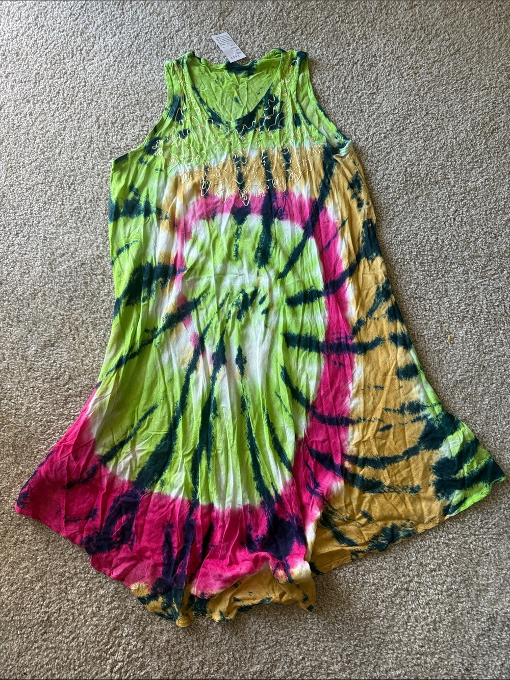 Women’s Tie-Dye Sleeveless Dress - Neon Green, Pink & Yellow / Cover up one size
